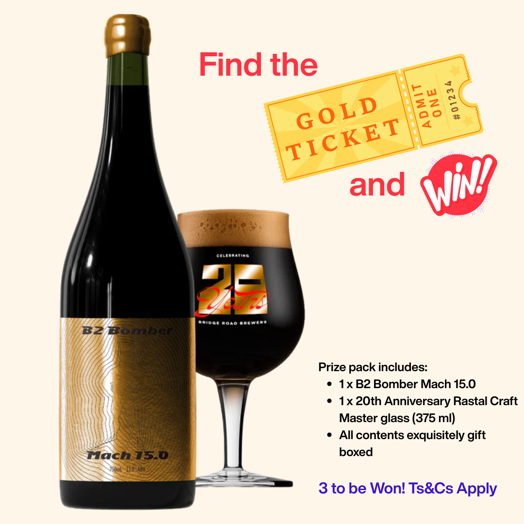 Bottle and glass of B2 Bomber Mach 15.0 beer with promotional text for a gold ticket contest.